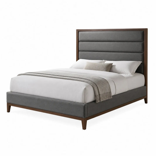 Cama de matrimonio tapizada en poliéster gris con cabecero acolchado y estructura de madera de nogal 200x160 cm