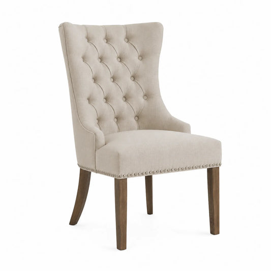 Silla con Respaldo Alto de Lino y Patas de Madera