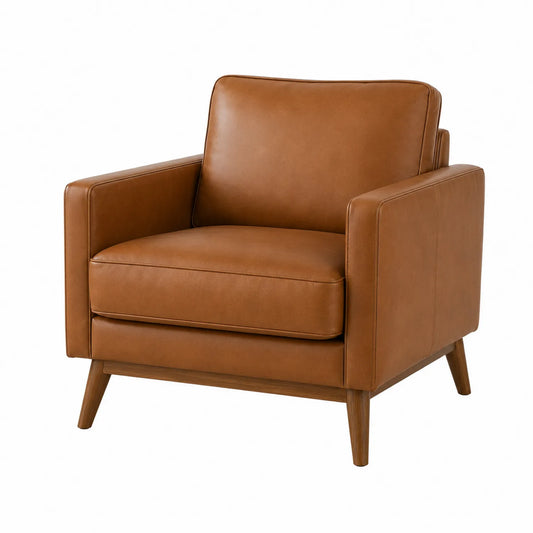 Sillón de una plaza de cuero sintético marrón con patas de madera