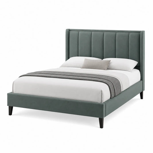 Cama doble de tela verde con cabecera alta 200 cm x 160 cm