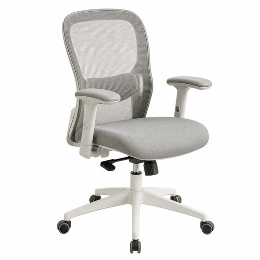 Silla de oficina ergonómica gris con respaldo de malla y asiento tapizado ajustable