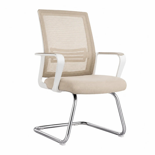 Silla de Oficina con Respaldo de Malla y Base de Metal Cromado Beige