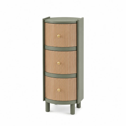 Mesita de Noche Redonda con Tres Cajones de Madera y Metal Verde/Beige