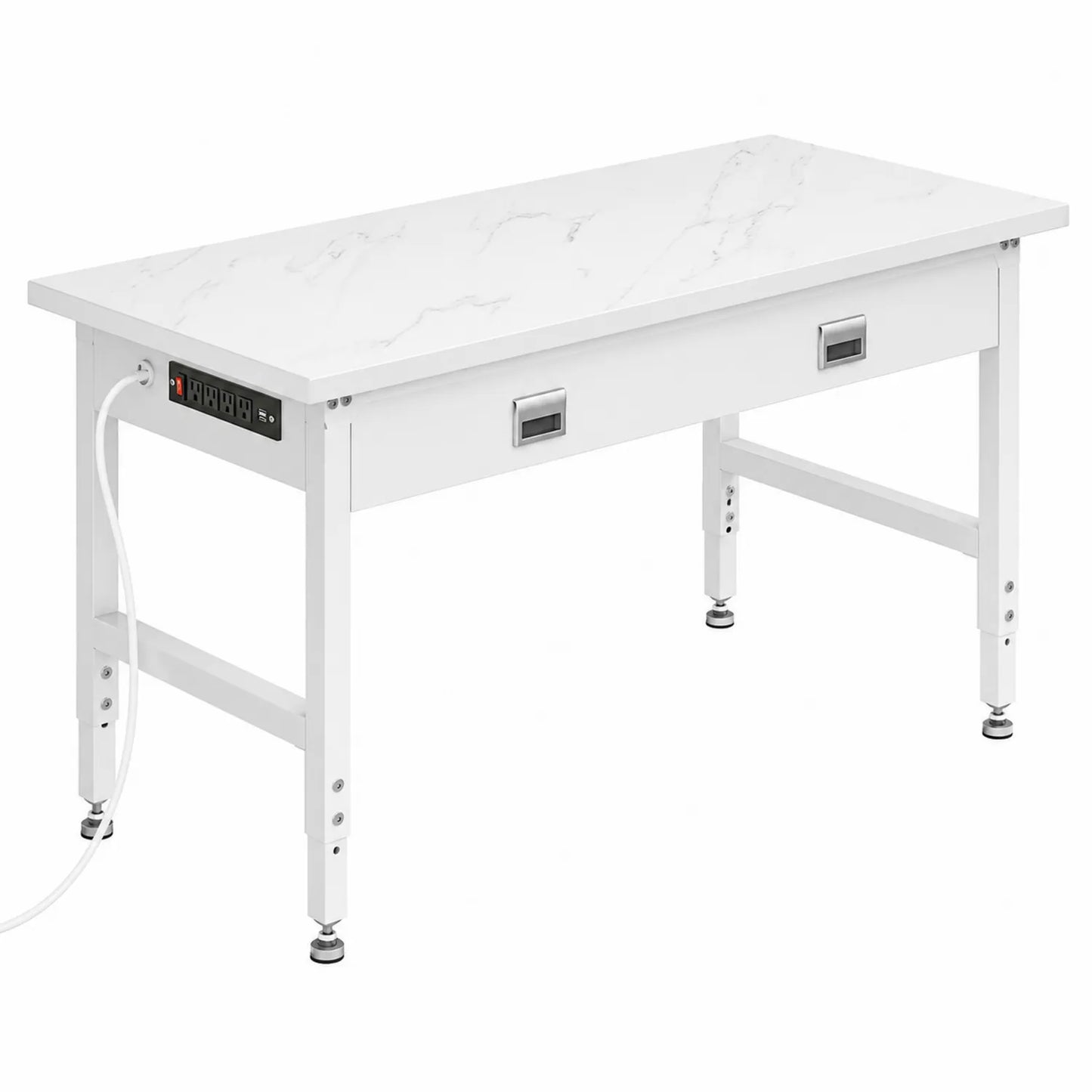 Mesa con superficie de mármol sintético y estructura de metal ajustable blanca