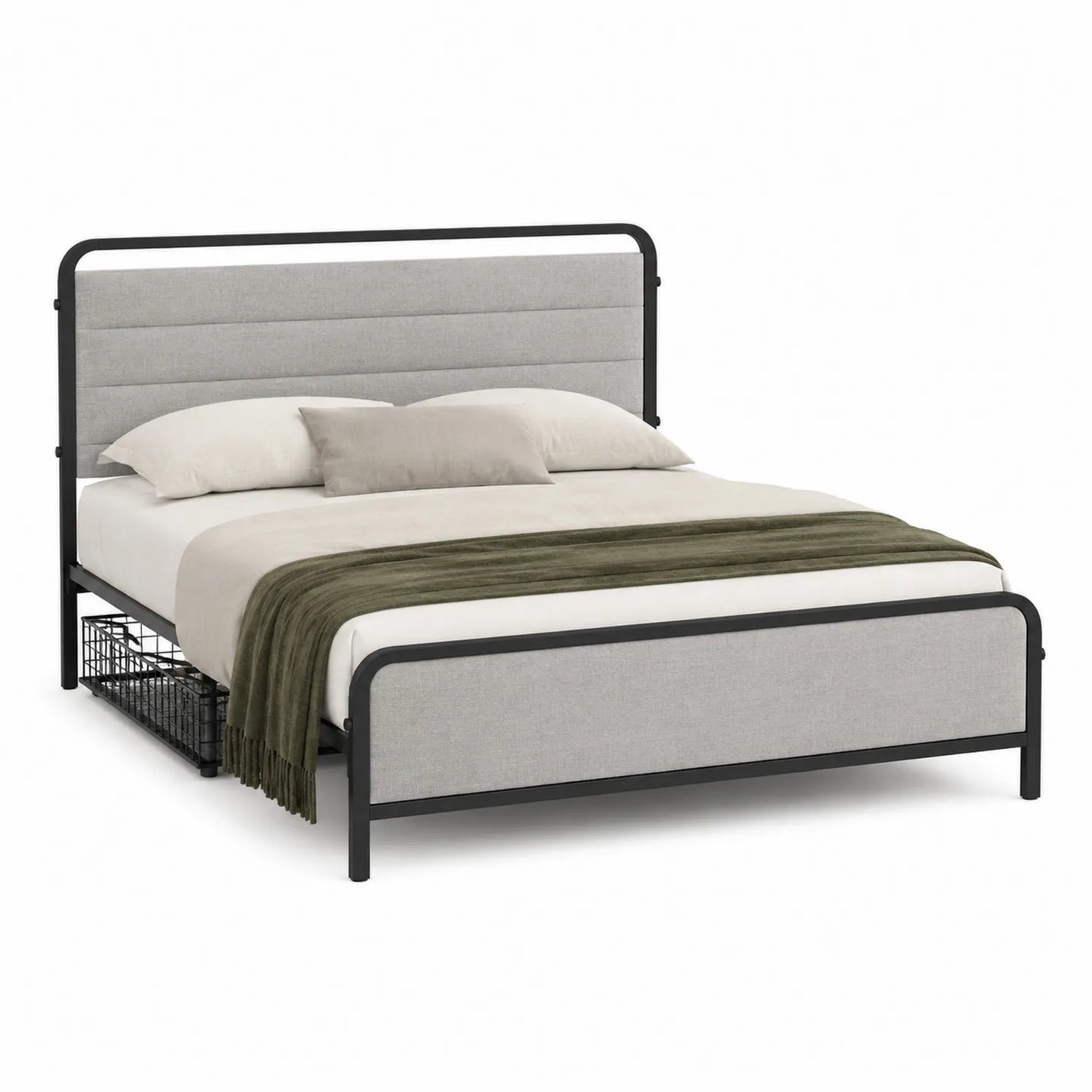 Cama doble de metal y tela gris 200x150 cm