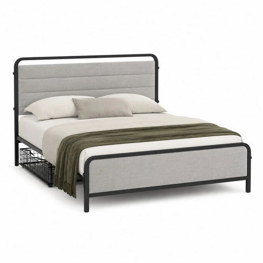 Cama doble de metal y tela gris 200x150 cm