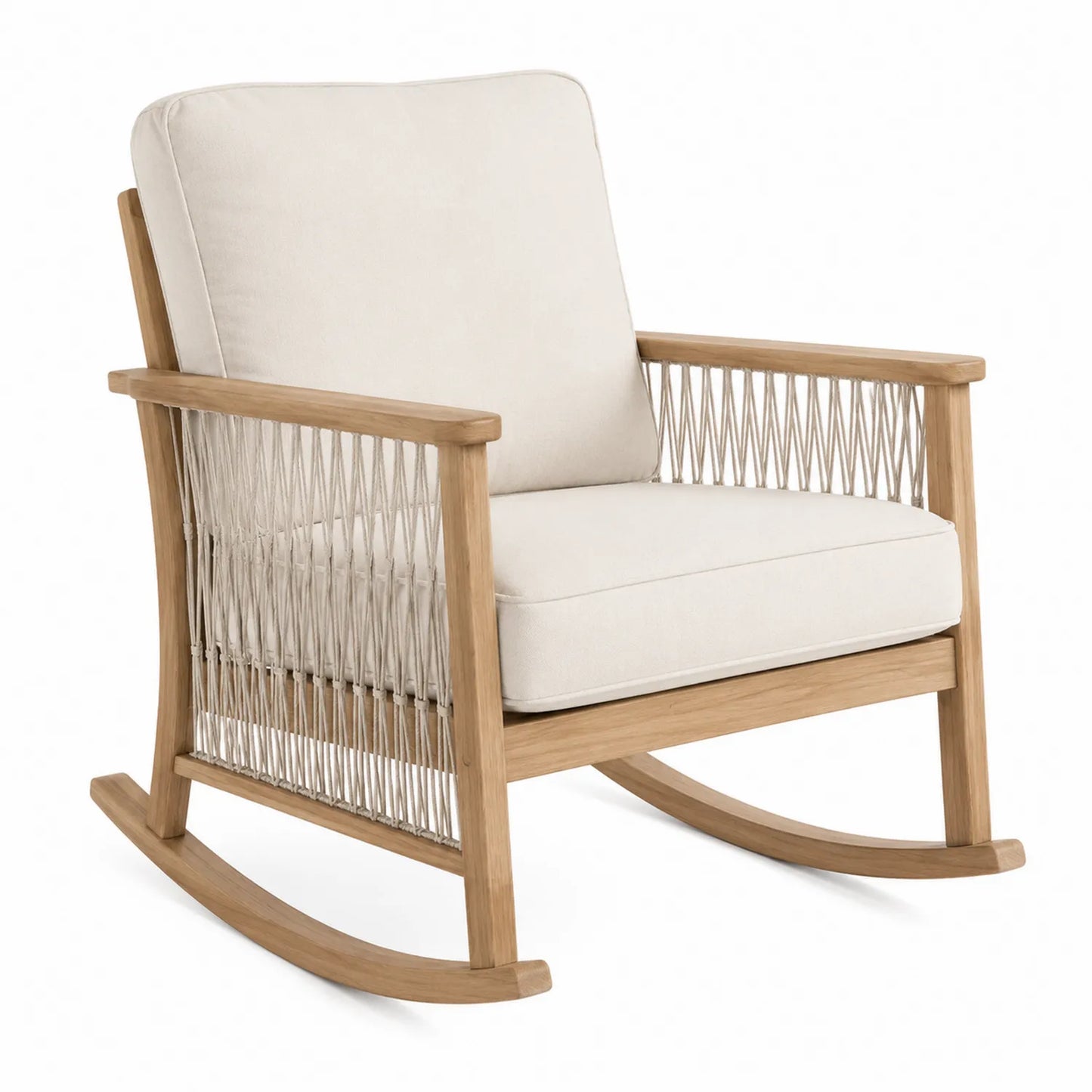 Silla mecedora de madera teca con cojines beige