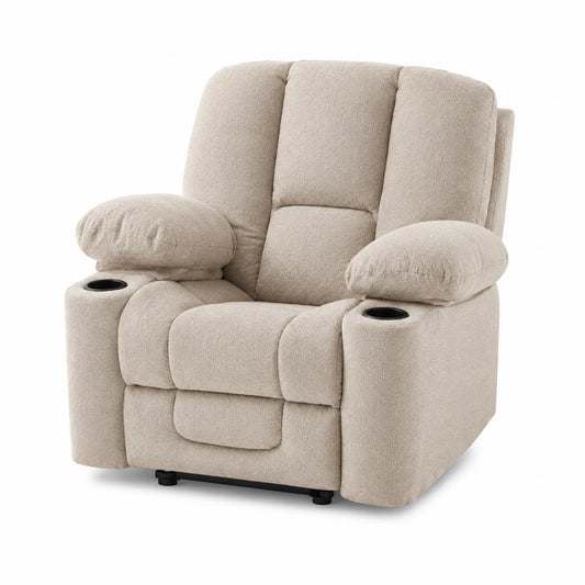 Sillón reclinable de tela beige con portavasos