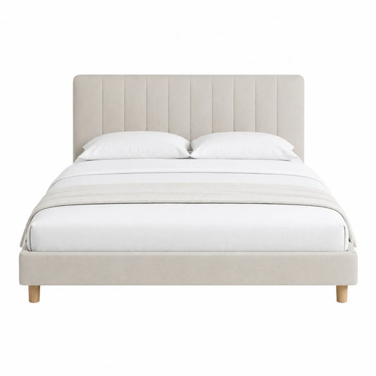 Cama tapizada de poliéster beige con patas de madera 200x160 cm