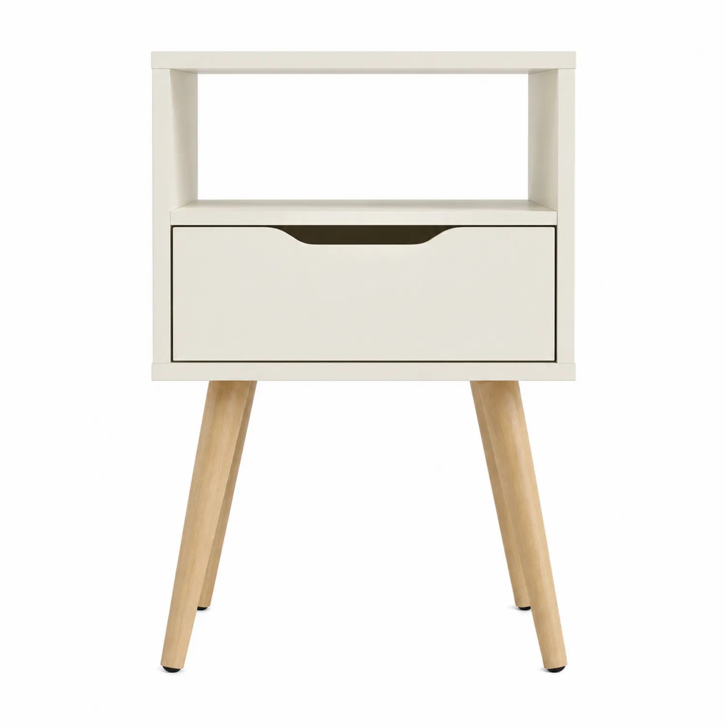Mesita de noche de MDF blanco con patas de haya
