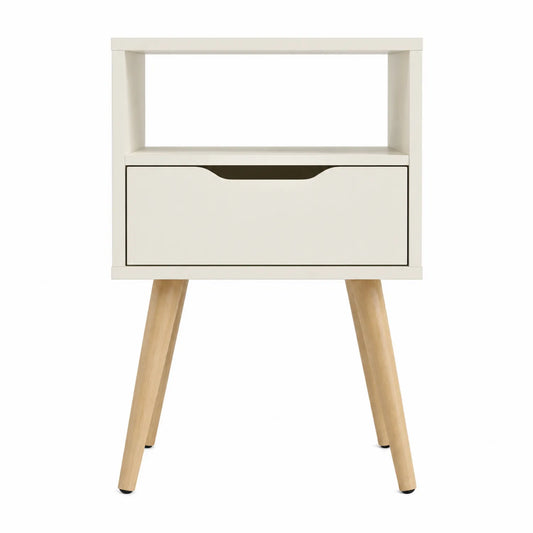Mesita de noche de MDF blanco con patas de haya