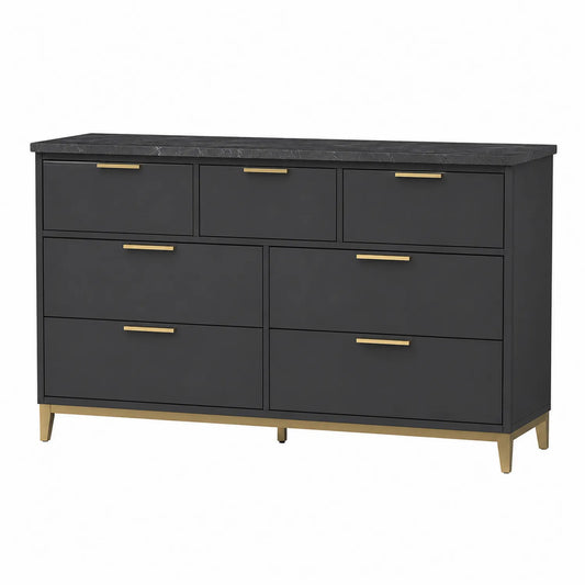 Cómoda de Madera con Superficie de Mármol Negro y 7 Cajones