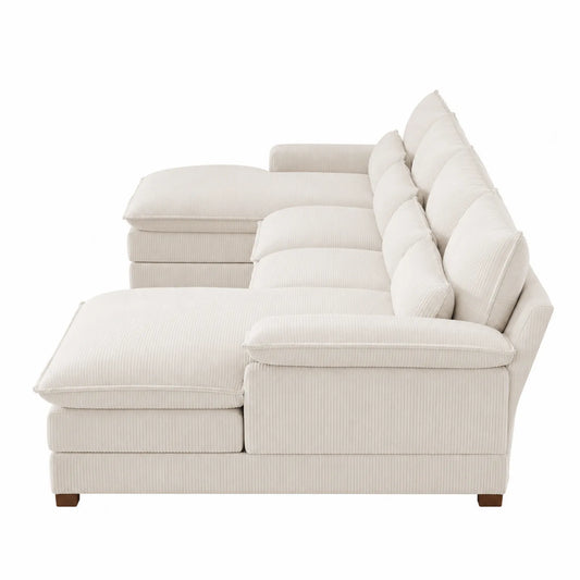 Sofá Seccional en Forma de L de Madera y Pana Beige