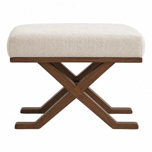Banco de madera maciza tapizado en poliéster beige con base en X