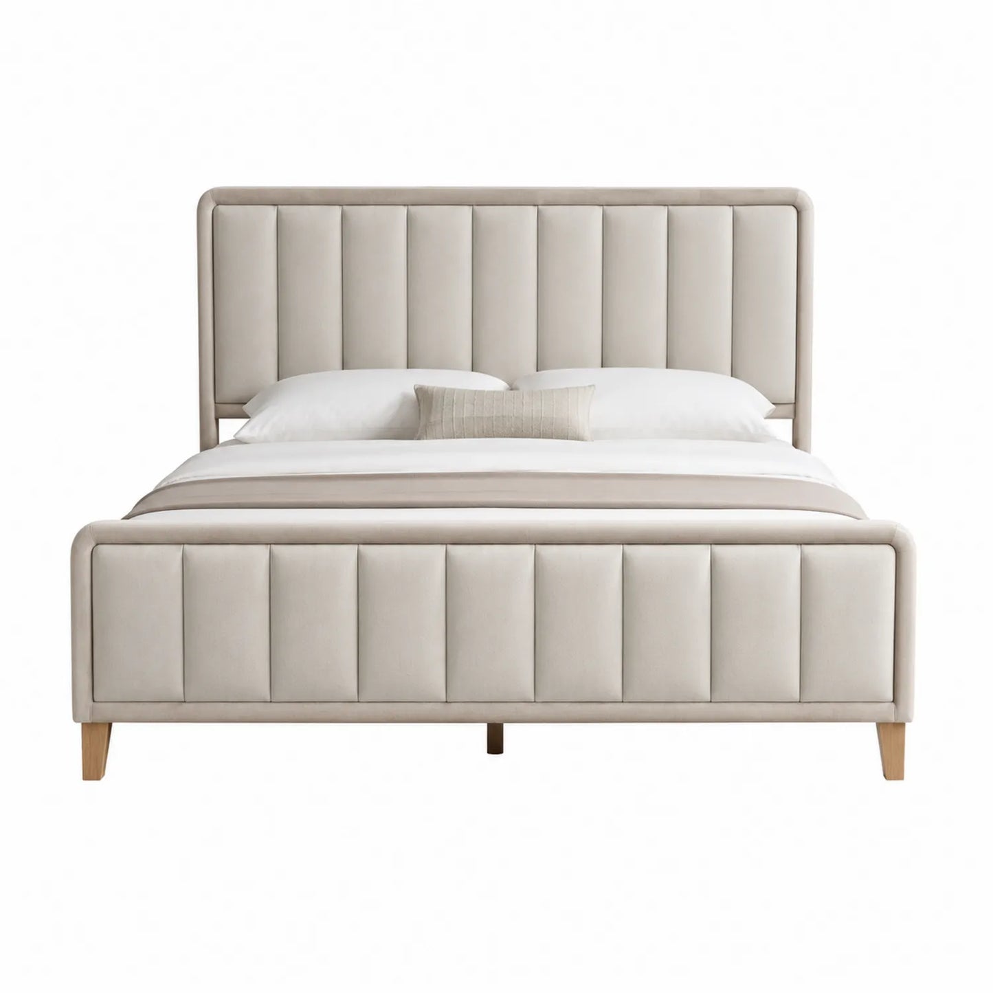 Cama tapizada beige de poliéster con patas de madera