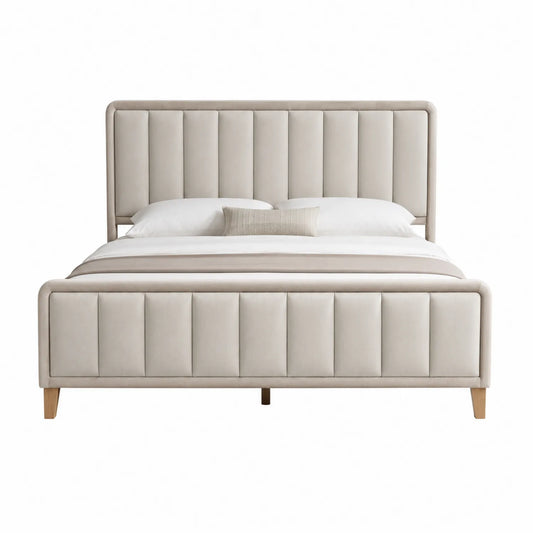 Cama tapizada beige de poliéster con patas de madera